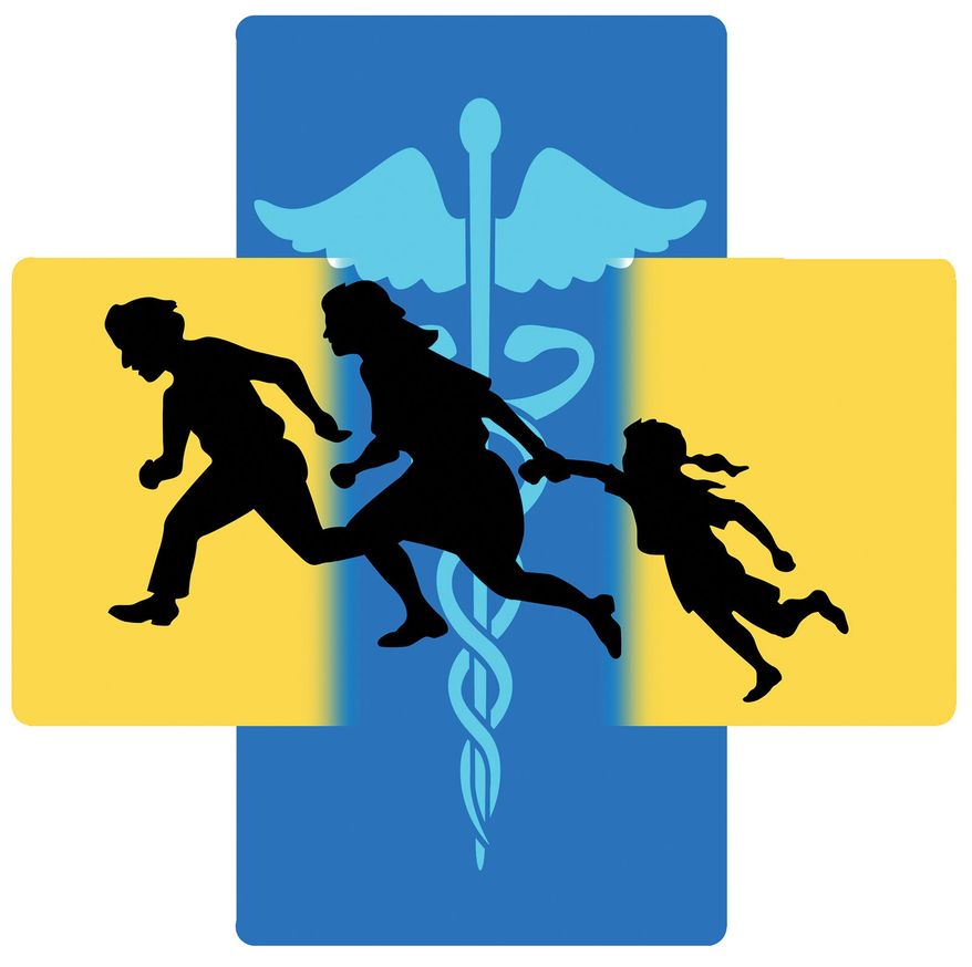 Illegal immigrants and health care illustration by Alexander Hunter/The Washington Times