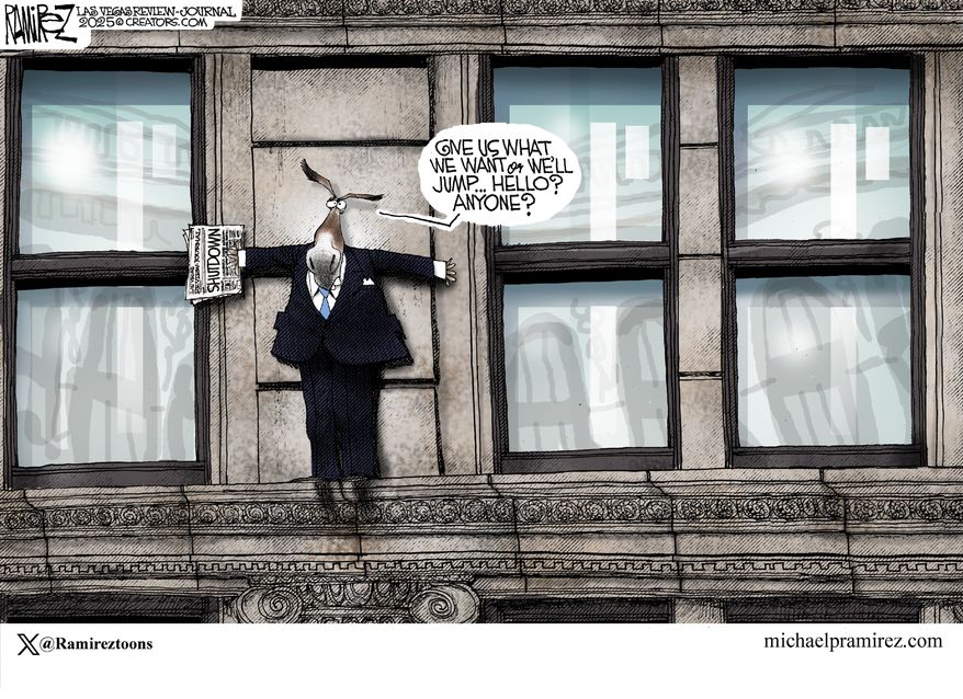 Give us what we want or we'll jump ... (Illustration by Michael Ramirez for Creators Syndicate)