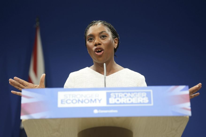 Britain's Conservative Party leader Kemi Badenoch delivers her keynote speech during the Conservative Party Conference at the Manchester Central Convention Complex, Manchester, England, Wednesday Oct. 8, 2025. (Danny Lawson/PA via AP)