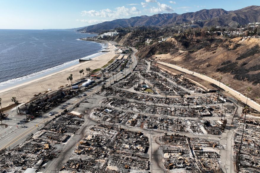 An aerial view shows the devastation left by the Palisades Fire in the Pacific Palisades section of Los Angeles, Jan. 27, 2025. (AP Photo/Jae C. Hong, file)