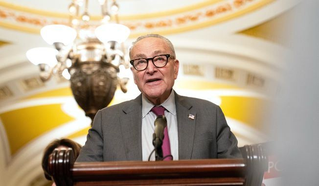 Senate Minority Leader Chuck Schumer, D-N.Y., speaks to reporters following the weekly Senate policy luncheon on Capitol Hill in Washington, Tuesday, Oct. 7, 2025. (AP Photo/Allison Robbert)