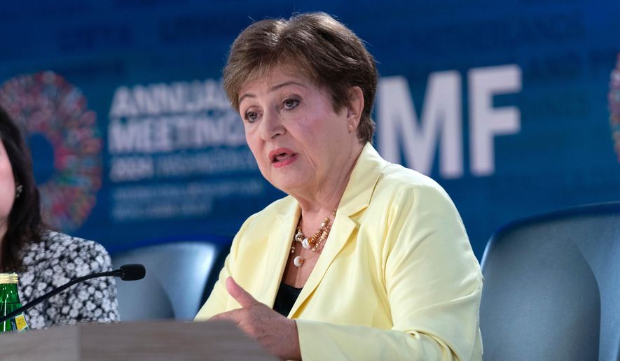 FILE - International Monetary Fund (IMF) Managing Director Kristalina Georgieva speaks during a news conference during the World Bank/IMF Annual Meetings in Washington, Oct. 24, 2024. (AP Photo/Jose Luis Magana, File)