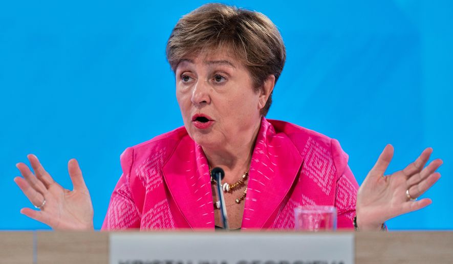FILE - International Monetary Fund (IMF) Managing Director Kristalina Georgieva speaks during a news conference at the International Monetary Fund (IMF) headquarters in Washington, April 25, 2025. (AP Photo/Jose Luis Magana, File)