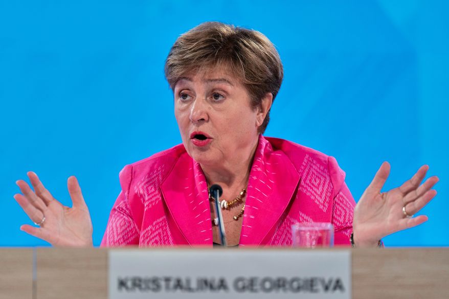 FILE - International Monetary Fund (IMF) Managing Director Kristalina Georgieva speaks during a news conference at the International Monetary Fund (IMF) headquarters in Washington, April 25, 2025. (AP Photo/Jose Luis Magana, File)
