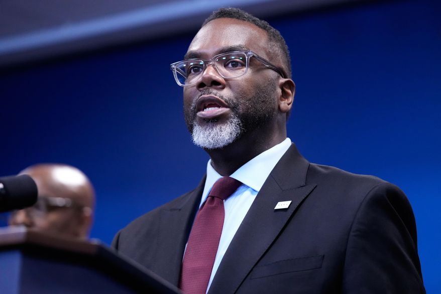 Chicago Mayor Brandon Johnson talks to media at a news conference in Chicago, Monday, Oct. 6, 2025. (AP Photo/Nam Y. Huh)
