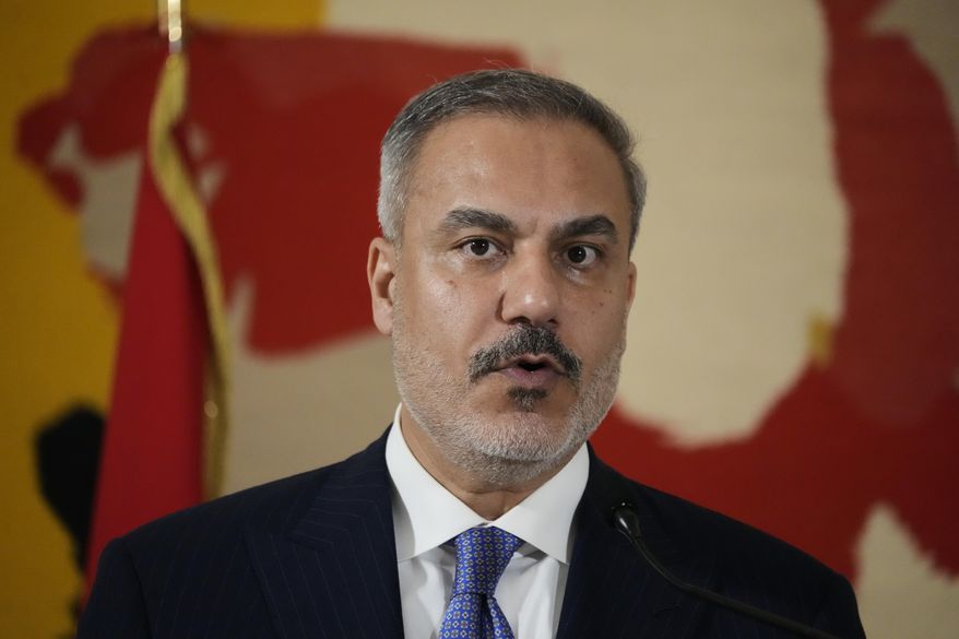 Turkish foreign Minister Hakan Fidan speaks during a news conference with Italian Foreign Minister Antonio Tajani, in Rome, Thursday, Sept. 11, 2025. (AP Photo/Gregorio Borgia)