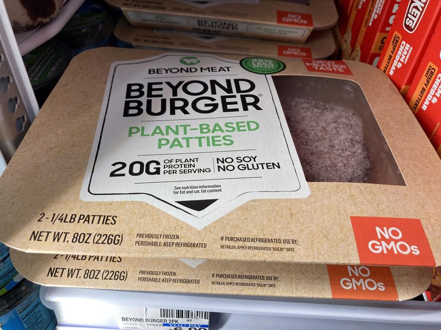FILE - Shown are Beyond Meat Beyond Burger packages at a store in Huntingdon Valley, Pa., Tuesday, Feb. 22, 2022. (AP Photo/Matt Rourke, File)
