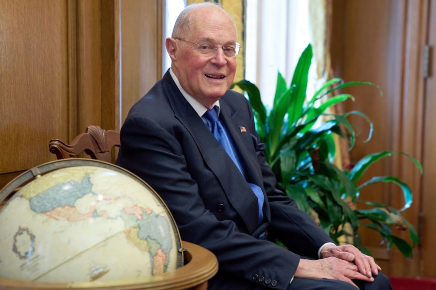 Retired Supreme Court Justice Anthony Kennedy, 88, poses for a portrait, Wednesday, Oct. 8, 2025, in his office at the Supreme Court in Washington. (AP Photo/Jacquelyn Martin)