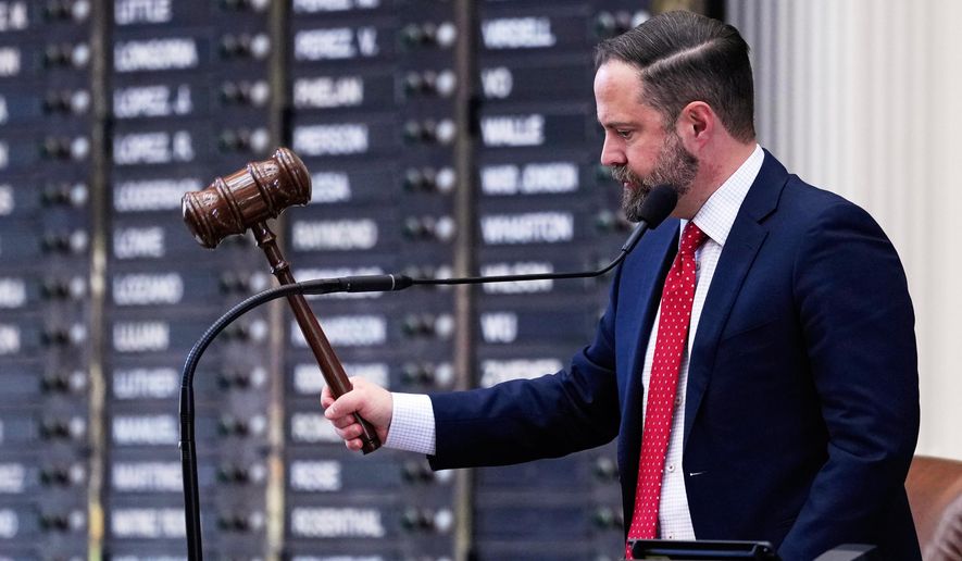 FILE - Texas Speaker of the House Dustin Burrows, R-Lubbock, oversees a debate during a special session, Aug. 20, 2025, in Austin, Texas. (AP Photo/Eric Gay, File)