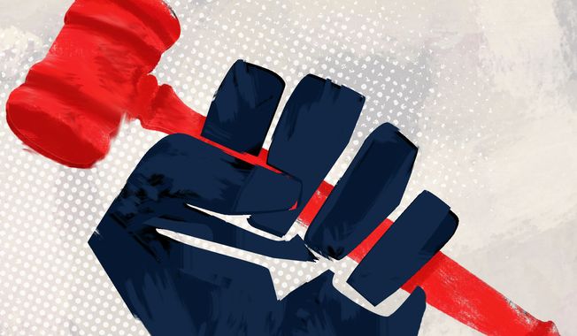 Liberals' use of lawfare and anarchy illustration by Linas Garsys / The Washington Times