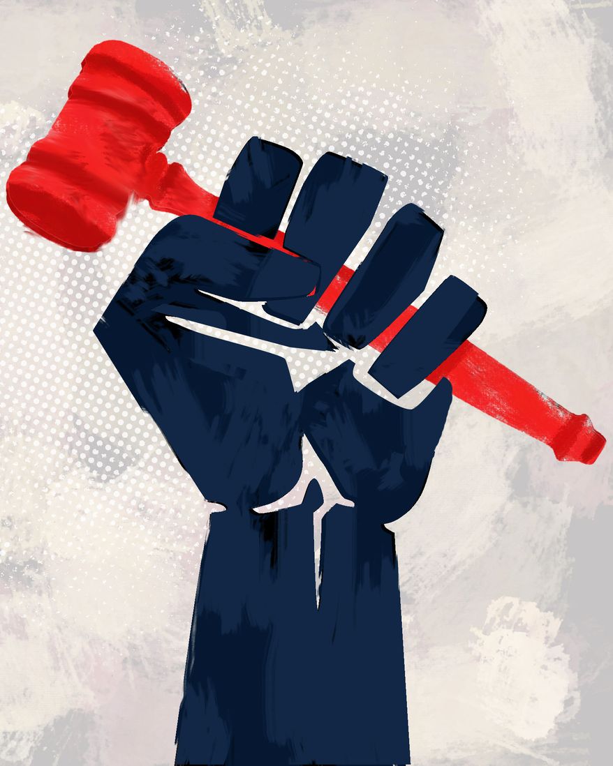 Liberals' use of lawfare and anarchy illustration by Linas Garsys / The Washington Times