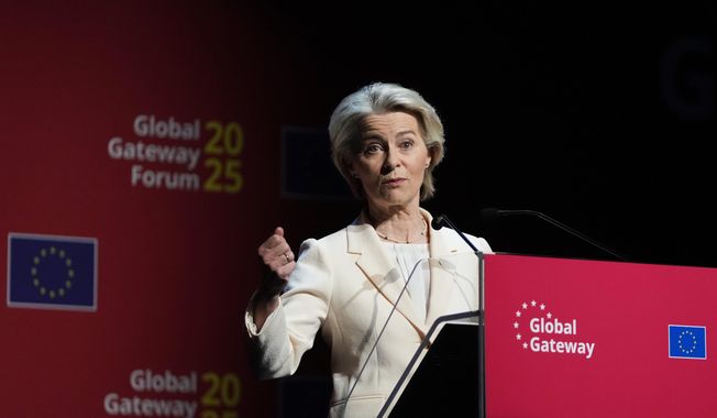 European Commission President Ursula von der Leyen speaks during the opening address at the Global Gateway Forum in Brussels, Thursday, Oct. 9, 2025. (AP Photo/Virginia Mayo)
