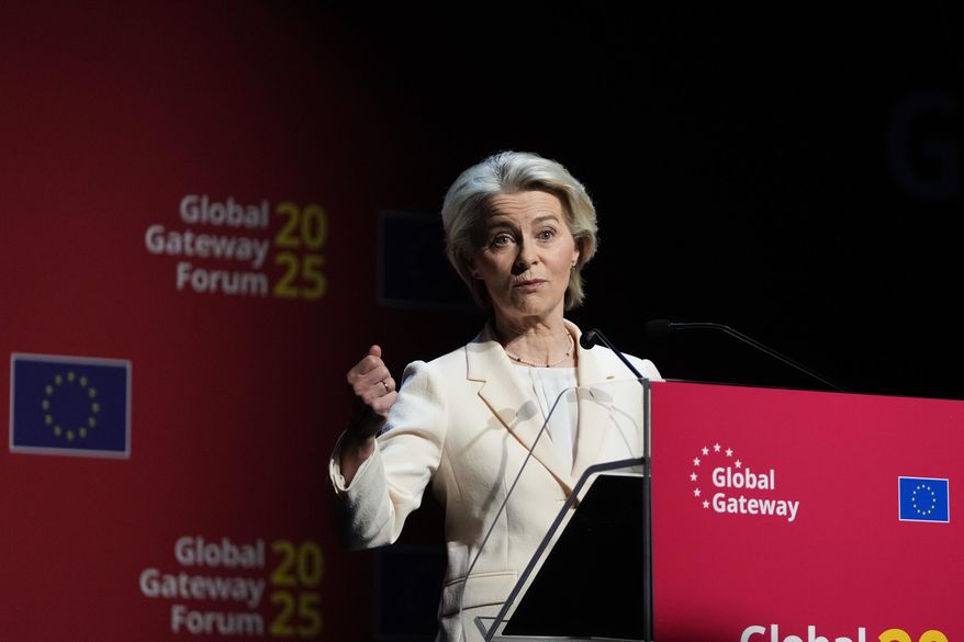 European Commission President Ursula von der Leyen speaks during the opening address at the Global Gateway Forum in Brussels, Thursday, Oct. 9, 2025. (AP Photo/Virginia Mayo)