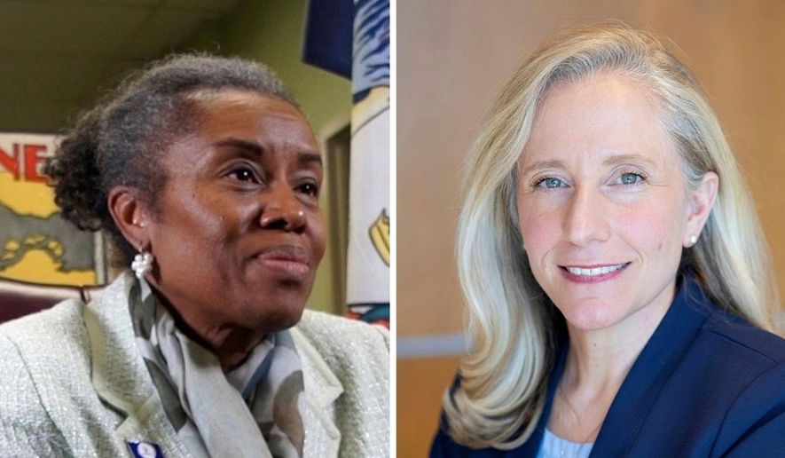 This combo image shows Virginia Republican gubernatorial candidate Winsome Earle-Sears, left, and Democratic gubernatorial candidate Abigail Spanberger, right. (AP Photo) ** FILE **