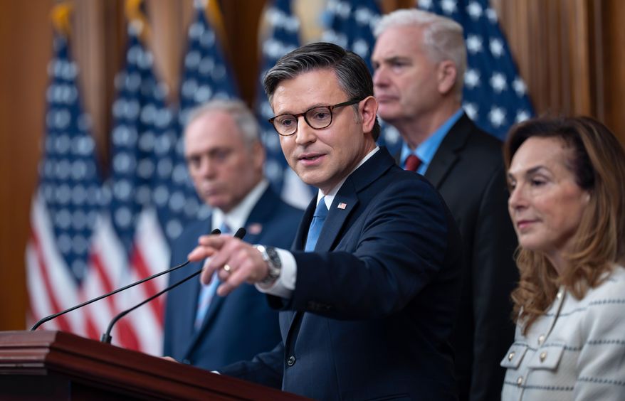 Speaker of the House Mike Johnson, R-La., and the House GOP leadership deliver the Republican message on the government shutdown, now in its ninth day, during a news conference at the Capitol in Washington, Thursday, Oct. 9, 2025. (AP Photo/J. Scott Applewhite) ** FILE **