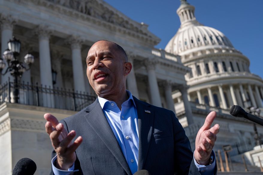 House Minority Leader Hakeem Jeffries, D-N.Y., holds a news conference on the steps of the Capitol in Washington, on the ninth day of the government shutdown, Thursday, Oct. 9, 2025. (AP Photo/J. Scott Applewhite)