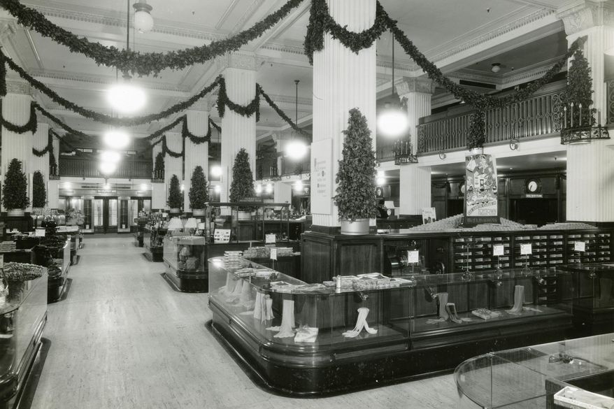 This 1940s photo provided by the Detroit Historical Society shows the J.L. Hudson Company Department Store retail floor decorated for the holidays in Detroit. (Davis B. Hillmer via AP)