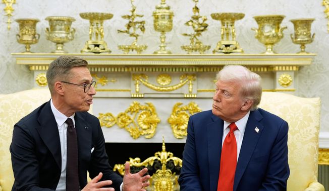 President Donald Trump and Finland's President Alexander Stubb meet in the Oval Office at the White House, Thursday, Oct. 9, 2025, in Washington. (AP Photo/Alex Brandon)