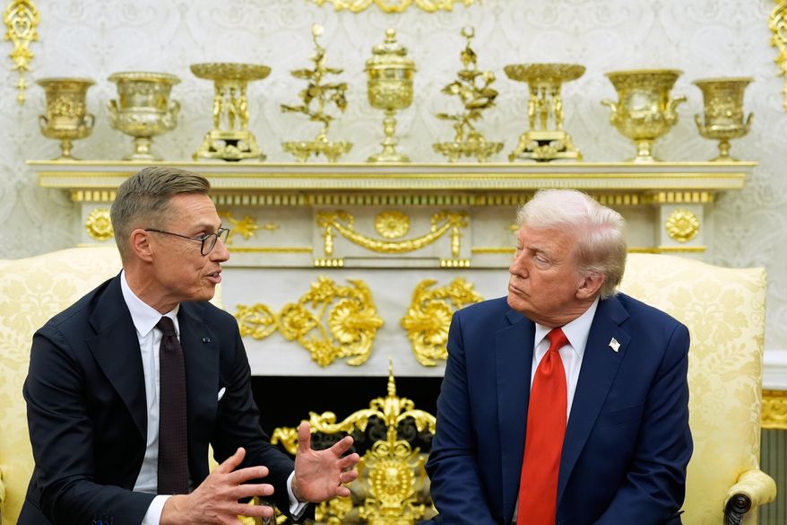 President Donald Trump and Finland's President Alexander Stubb meet in the Oval Office at the White House, Thursday, Oct. 9, 2025, in Washington. (AP Photo/Alex Brandon)