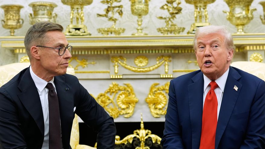 President Donald Trump and Finland's President Alexander Stubb meet in the Oval Office at the White House, Thursday, Oct. 9, 2025, in Washington. (AP Photo/Alex Brandon)