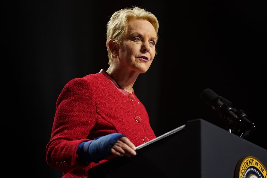 Cindy McCain, executive director of the World Food Program and wife of the late Sen. John McCain, R-Ariz., speaks at the Tempe Center for the Arts, Sept. 28, 2023, in Tempe, Ariz. (AP Photo/Evan Vucci, File)