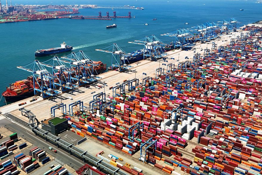 An aerial view of a container port is seen in Qingdao in east China's Shandong province, on June 6, 2024. (Chinatopix via AP, File)
