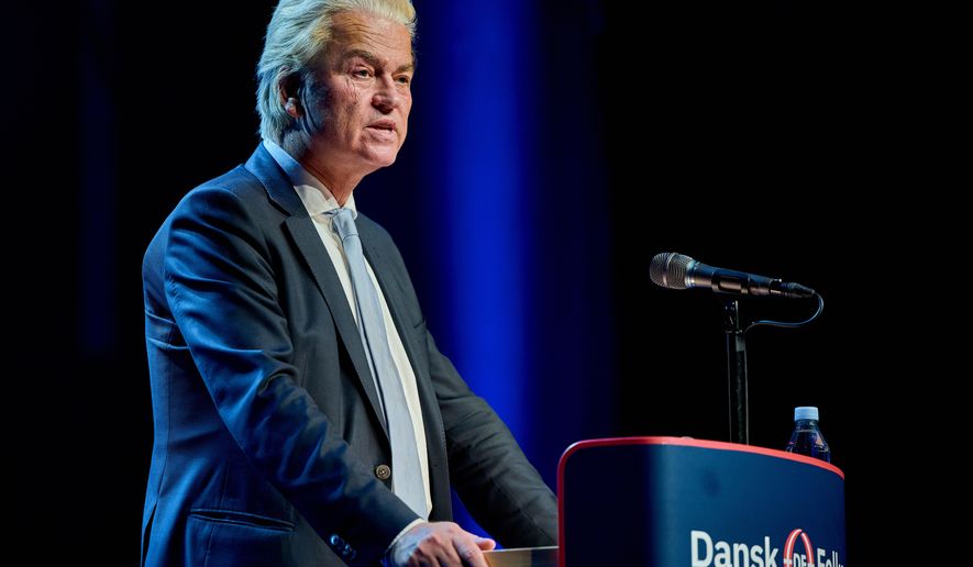 Dutch politician Geert Wilders speaks at the Danish People's Party annual meeting, in Tinghallen, Viborg, Denmark, Saturday, Sept. 27, 2025. (Mikkel Berg Pedersen/Ritzau Scanpix via AP)