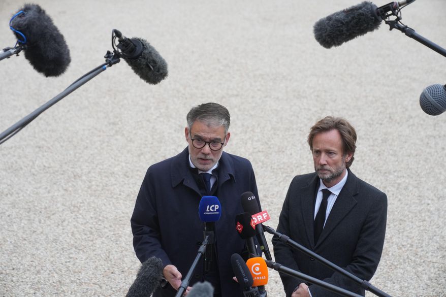 French socialist party secretary general Olivier Faure, left, and Boris Vallaud, president of the socialist parliament members at the National Assembly speak to medias after a meeting with French president Emmanuel Macron at the Elysee Palace, in Paris, Friday, Oct. 10, 2025. (AP Photo/Thibault Camus)