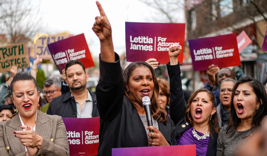 FILE - New York Attorney General Letitia James speaks during a campaign rally with community leaders in the Jackson Heights neighborhood in the Queens borough of New York, Nov. 1, 2022, (AP Photo/Eduardo Munoz Alvarez, File)