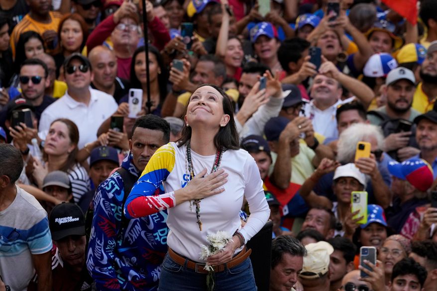 Venezuelan opposition leader Maria Corina Machado addresses supporters at a protest against President Nicolas Maduro in Caracas, Venezuela, Jan. 9, 2025, the day before his inauguration for a third term. (AP Photo/Ariana Cubillos, File)
