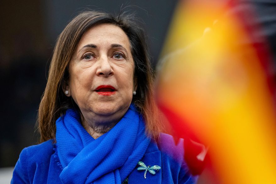 Spain's Defense Minister Margarita Robles arrives for a meeting of the Ukraine Defence Contact Group at NATO headquarters in Brussels, Friday, April 11, 2025. (AP Photo/Geert Vanden Wijngaert, File)