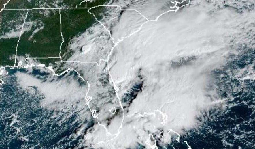 This satellite image provided by NOAA shows an unnamed Atlantic storm system in the Atlantic on Friday, Oct. 10, 2025. (NOAA via AP)