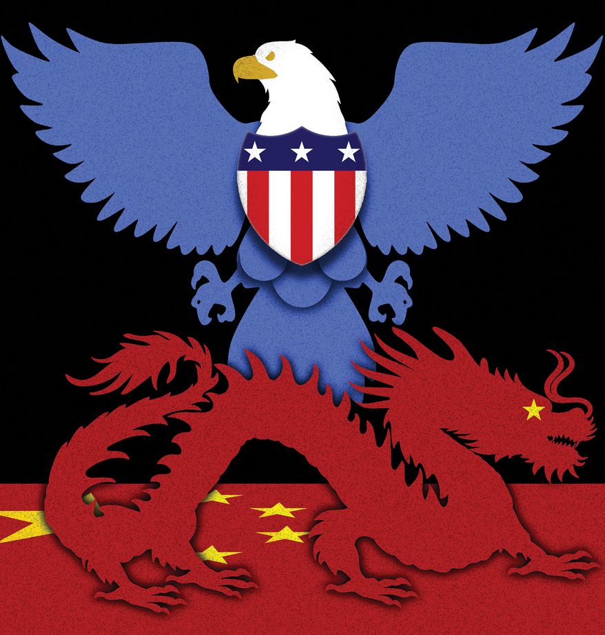 The United States of America and China's aggression illustration by Alexander Hunter/The Washington Times