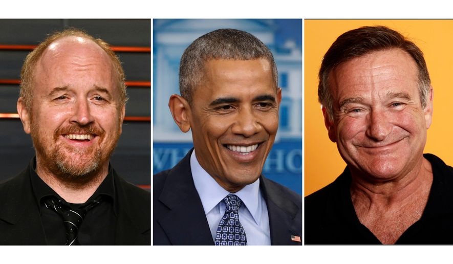 This combination of photos show, from left, writer-comedian Louis C.K., President Barack Obama, and actor-comedian Robin Williams. (AP Photo)