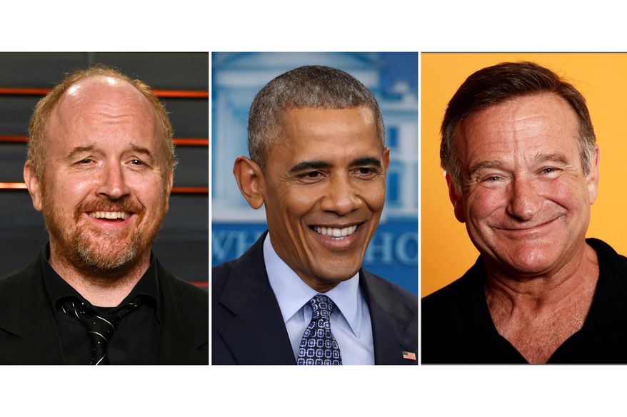 This combination of photos show, from left, writer-comedian Louis C.K., President Barack Obama, and actor-comedian Robin Williams. (AP Photo)