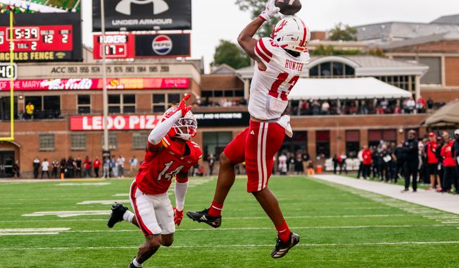 Nebraska receiver Nyziah Hunter catches a touchdown in the second quarter of the Cornhuskers' 34-31 win over Maryland, Saturday, Oct. 11, 2025, in College Park, Md. (Jordan Sabillo/All-Pro Reels)