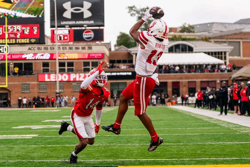 Nebraska receiver Nyziah Hunter catches a touchdown in the second quarter of the Cornhuskers' 34-31 win over Maryland, Saturday, Oct. 11, 2025, in College Park, Md. (Jordan Sabillo/All-Pro Reels)