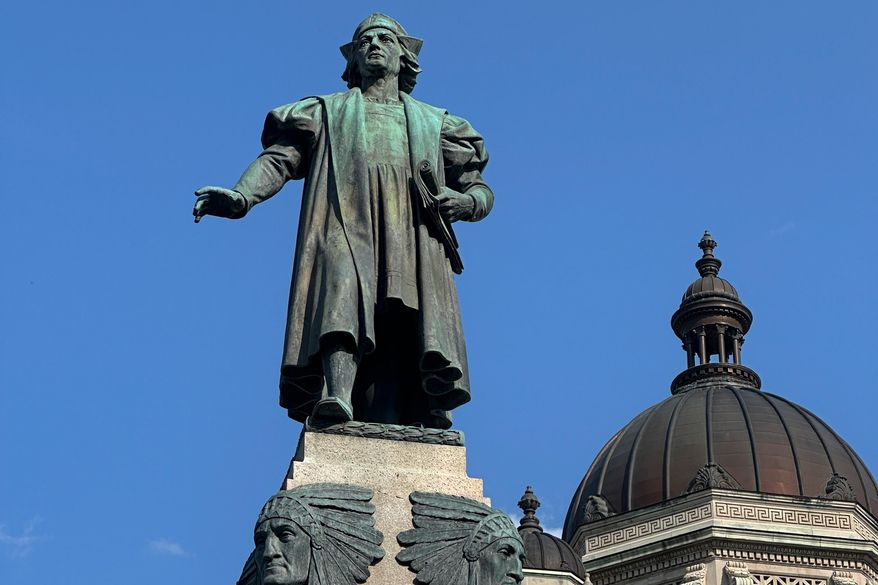 A statue of Christopher Columbus stands in downtown Syracuse, N.Y, on Friday, Sept. 5, 2025. (AP Photo/Michael Hill) **FILE**