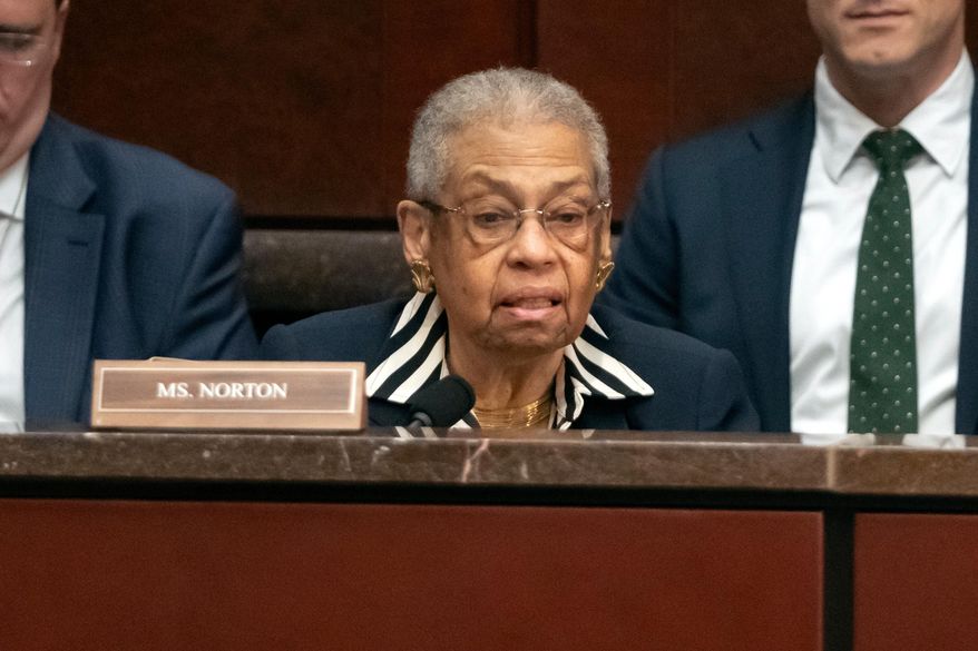 FILE - Del. Eleanor Holmes Norton, D-D.C., speaks during a hearing of the House Committee on Oversight and Government Reform on Capitol Hill, Sept. 18, 2025, in Washington. (AP Photo/Mark Schiefelbein, File)