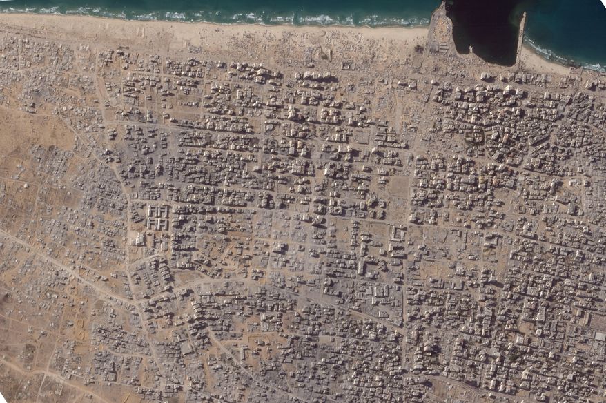 In this satellite photo from Planet Labs PBC, a portion of Gaza City, Gaza Strip, is seen Saturday, Oct. 11, 2025. (Planet Labs PBC via AP)