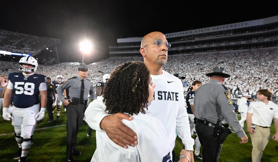 Penn State head coach James Franklin reacts after losing to Oregon in the second overtime of their NCAA college football game, Saturday, Sept. 27, 2025, in State College, Pa. (AP Photo/Barry Reeger)