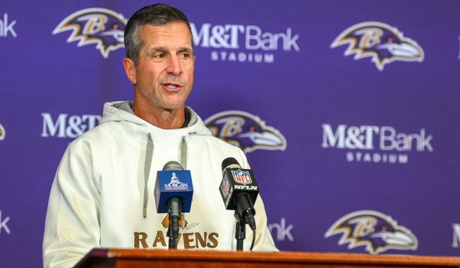 Baltimore Ravens head coach John Harbaugh speaks to reporters following an NFL football game against the Los Angeles Rams Sunday, Oct. 12, 2025, in Baltimore. (AP Photo/Nick Wass)