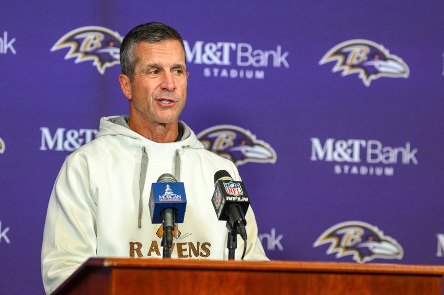 Baltimore Ravens head coach John Harbaugh speaks to reporters following an NFL football game against the Los Angeles Rams Sunday, Oct. 12, 2025, in Baltimore. (AP Photo/Nick Wass)
