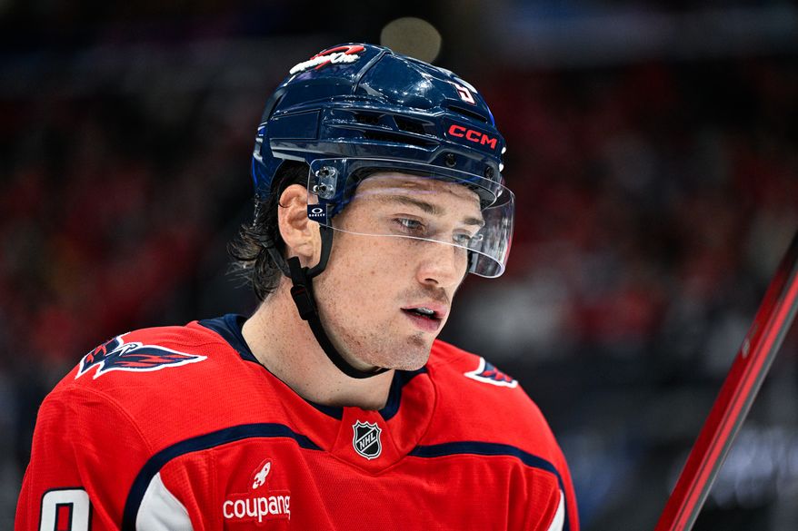 Washington Capitals forward Ryan Leonard (9) skates onto the ice after a third-period line change against the Boston Bruins at Capital One Arena, Washington, D.C., October 8, 2025. (Photo by Brian Murphy for the Washington Times)