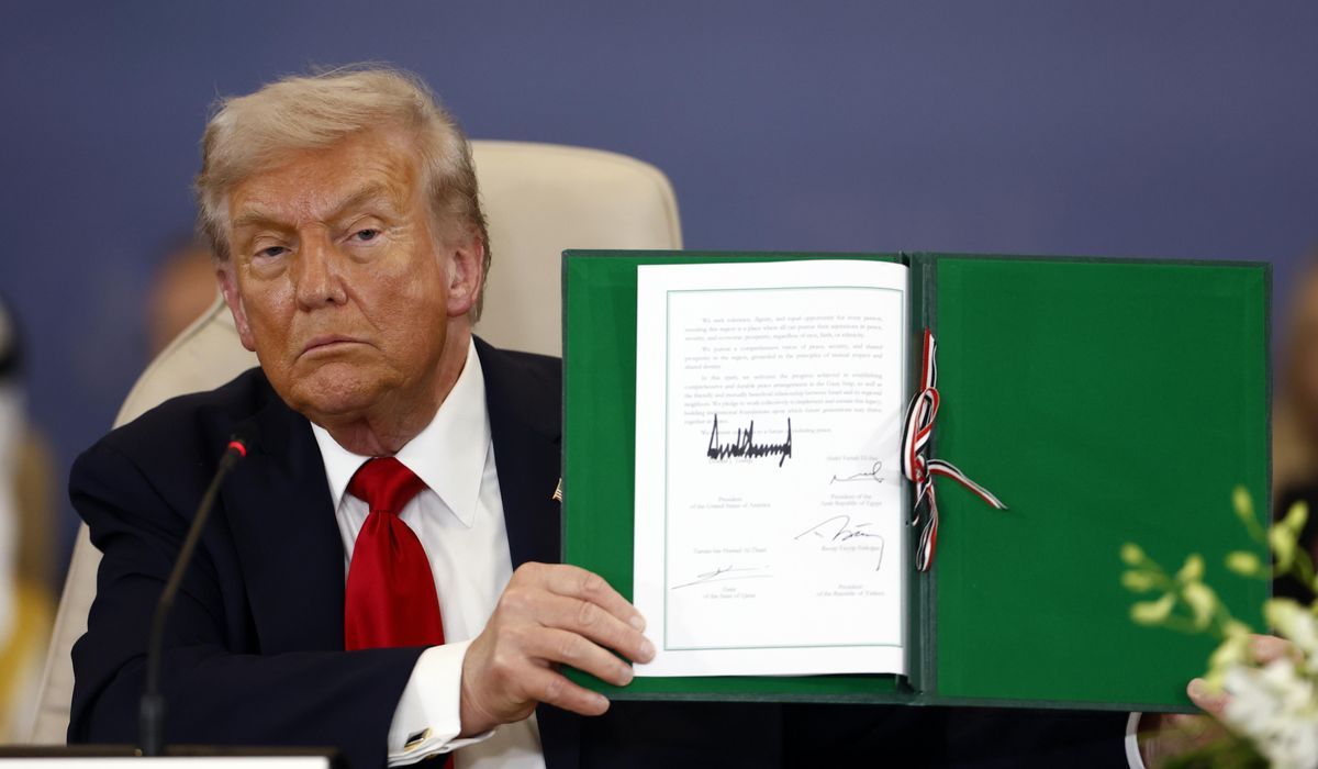NextImg:Trump signs peace documents to end war in Gaza: ‘It’s going to hold up’