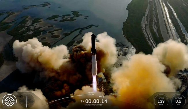 This image made from video provided by SpaceX shows Starship's 11th flight test launching from Starbase, Texas, Monday, Oct. 13, 2025. (SpaceX via AP)