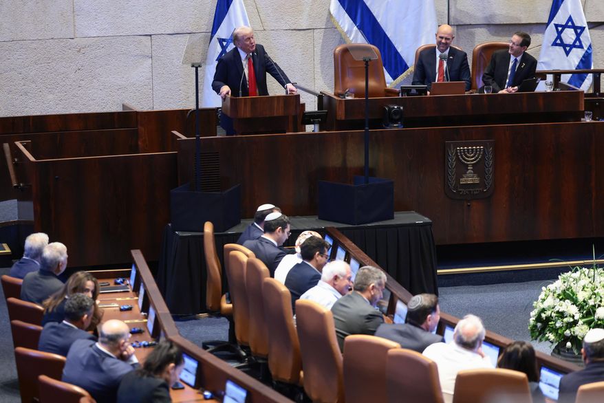 President Donald Trump addresses the Knesset, Israel's parliament, Monday, Oct. 13, 2025, in Jerusalem. (Evelyn Hockstein/Pool via AP)