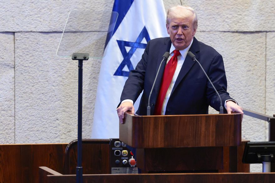 President Donald Trump addresses the Knesset, Israel's parliament, Monday, Oct. 13, 2025, in Jerusalem. (Evelyn Hockstein/Pool via AP)
