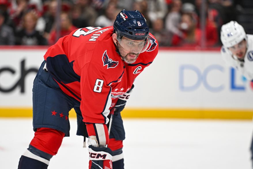 Washington Capitals left wing Alex Ovechkin (8) lined up outside the faceoff circle during the first period of an NHL game against the Tampa Bay Lightning at Capital One Arena in Washington D.C., October 14, 2025. (Photo for the Washington Times)