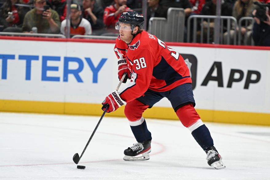 Washington Capitals defenseman Rasmus Sandin (38) skating with the puck during the second period of an NHL game against the Tampa Bay Lightning at Capital One Arena in Washington D.C., October 14, 2025. (Photo for the Washington Times)